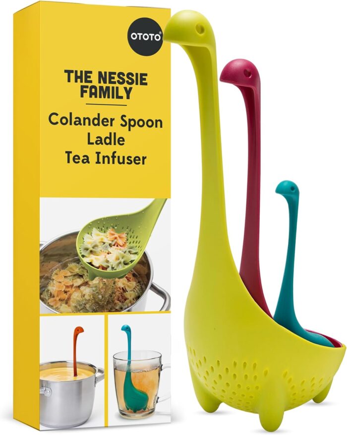 The Nessie Family by OTOTO - Pack of 3 Tea Infuser, Soup Ladle, and Colander - Cute Kitchen Accessories, Cooking Gifts, Funny Kitchen Gadgets, Kitchen Gifts