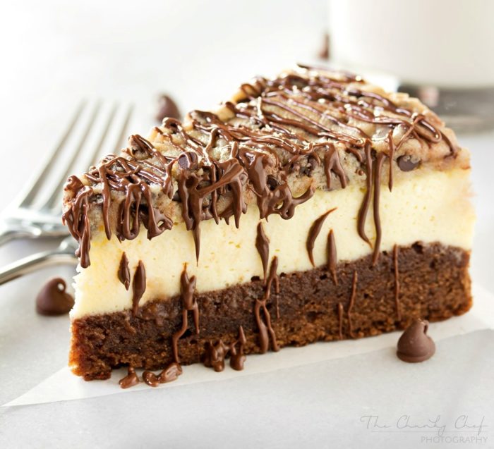 A fudgy bottom layer of brownie is topped with rich and silken cheesecake, then a layer of egg-less edible cookie dough is spread on the top and drizzled with melted chocolate. 