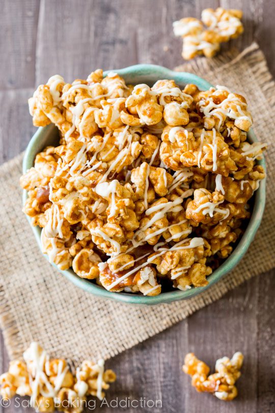The recipe below is for plain caramel popcorn, but if you want to dress it up, go ahead and add nuts, melted chocolate, and or a dash of cinnamon
