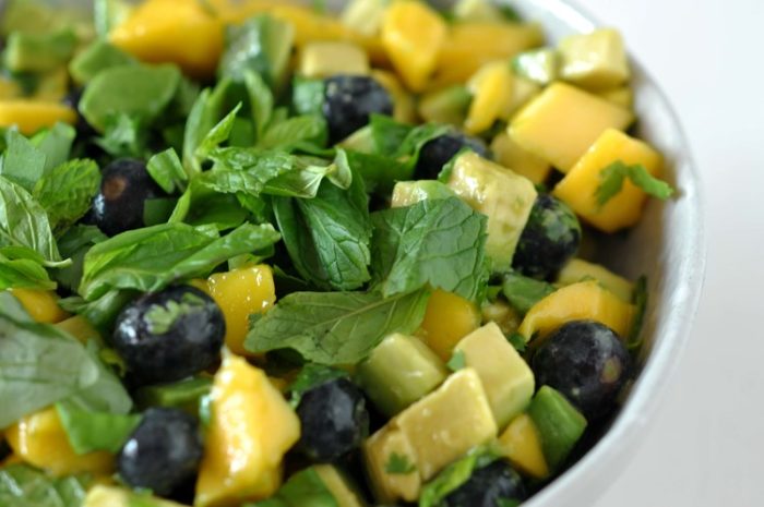 simple mango avocado salad with blueberries