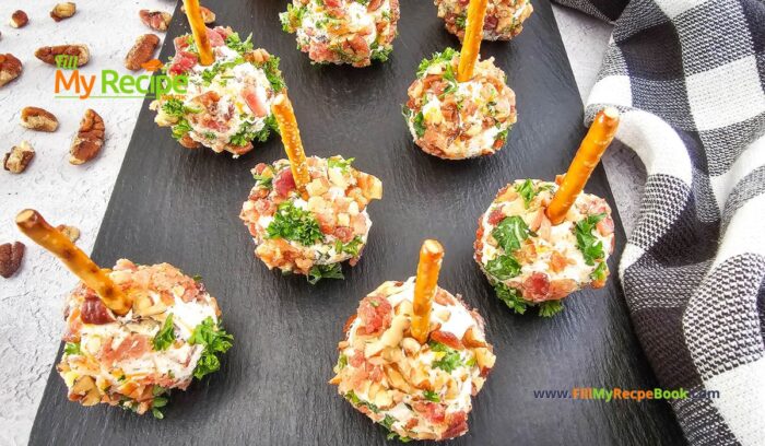 Mini Appetizer Cheeseballs Bites recipe for a No Bake party snack. Easy individual cheeseballs with bacon, pecan nuts, with a pretzel stick.