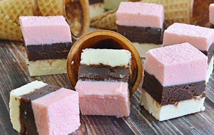 A twist on your favorite ice cream!  Fudge is a treat in itself but put vanilla, dark chocolate and strawberry together and you have a masterpiece!  Perfect for an ice cream theme party, summer party or to go in an Easter Basket!