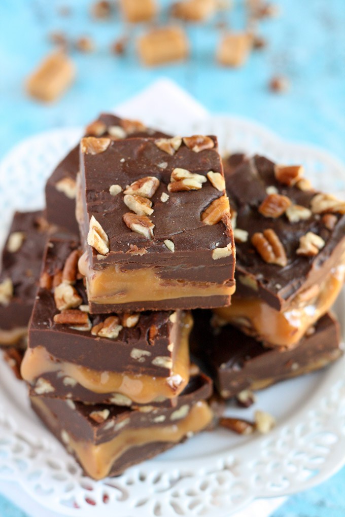 An easy chocolate fudge recipe with a caramel center and chopped pecans.  Everyone will love this Turtle Fudge!