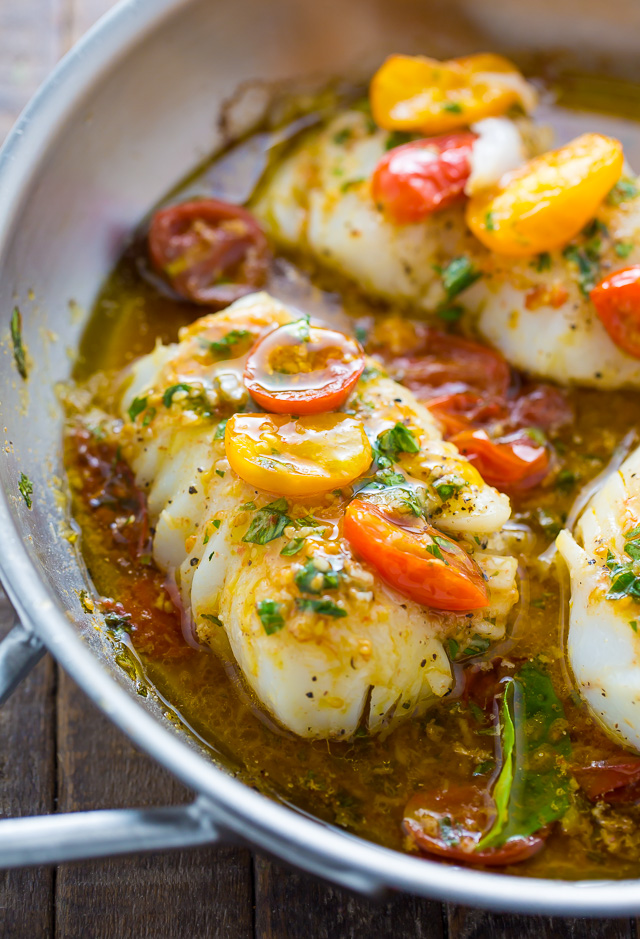 A quick and easy recipe for Pan-Seared Cod in White Wine Tomato Basil Sauce.