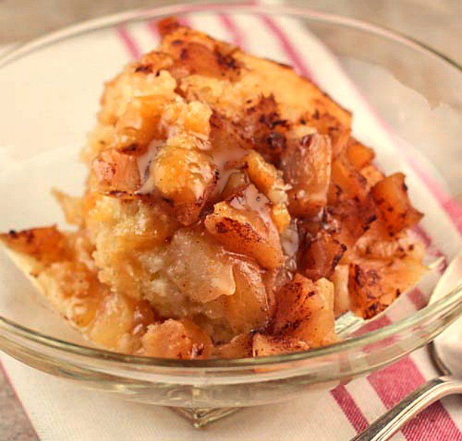 The batter for the cake goes on the bottom of the crock pot and actually rises up to make a soft, fluffy cake. The pudding portion appears when you scoop out the cake and apples.