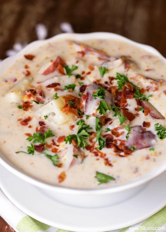 Creamy and delicious Crockpot Baked Potato Soup is so full of flavor and EASY too! This delicious potato soup recipe is a hearty family favorite.