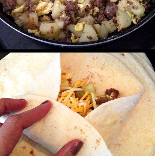 Turn a skillet full of yummy breakfast food into heat and go quick and delicious breakfast burritos. You can adjust the ingredients to include your own favorites.