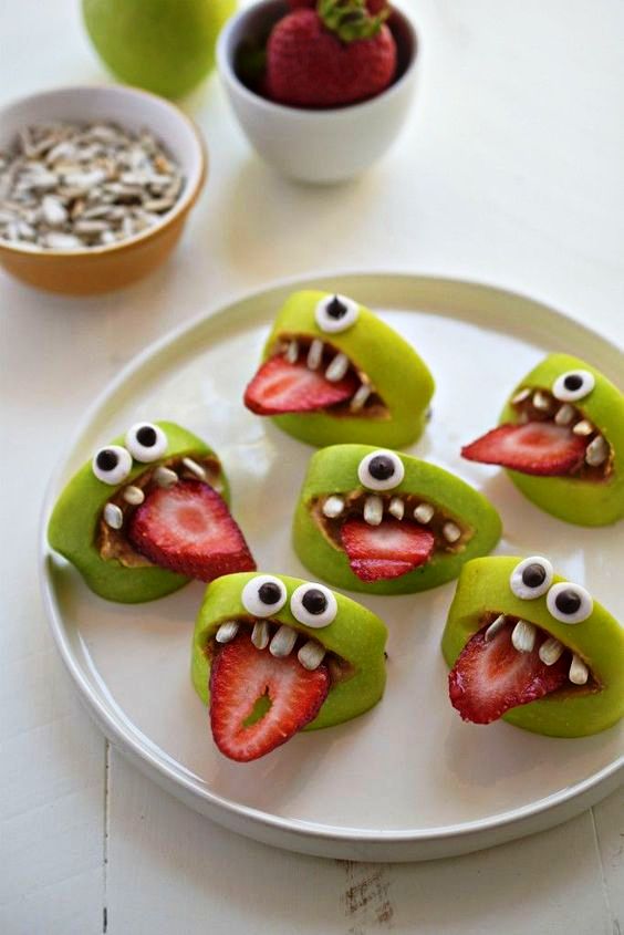 They’re easy to make. And best of all, they’re allergen-free. No nuts, no gluten, no soy…nada. Just green apples, sunflower butter, sunflower seeds, a strawberry tongue, and a batch of homemade googly eyes