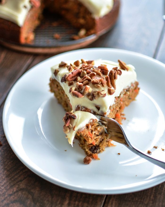 Easy and moist carrot cake with pecans and cream cheese frosting         