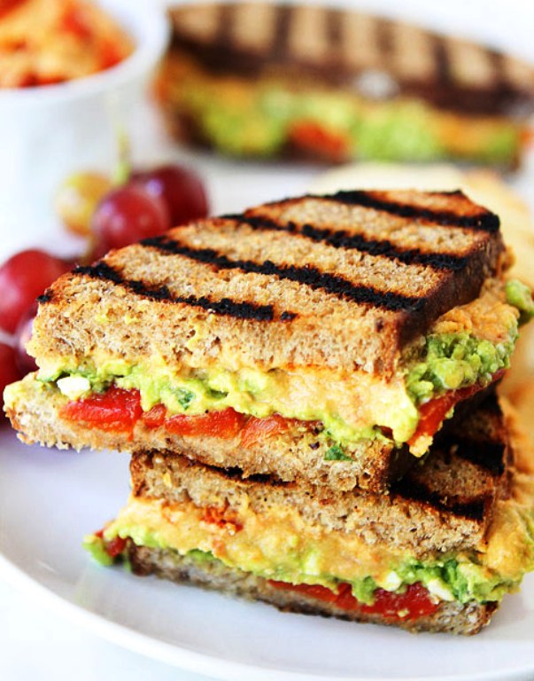 Roasted red pepper hummus, avocado, & feta sandwich