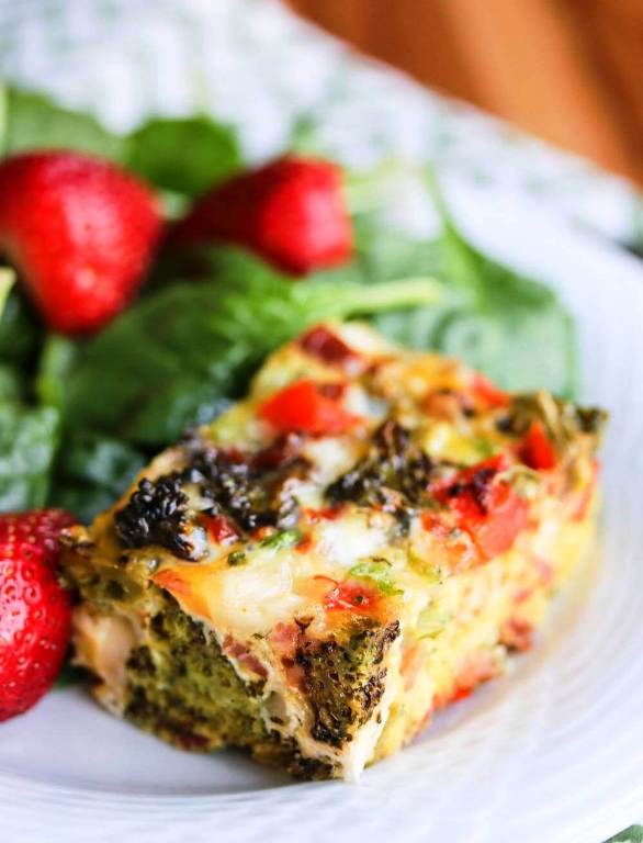 Roasted broccoli red bell pepper pancetta casserole