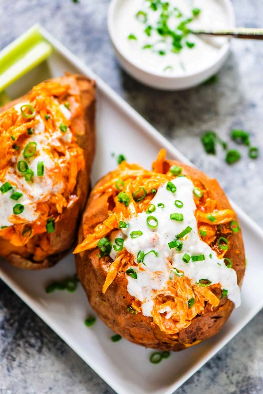 Slow cooker buffalo chicken sweet potatoes