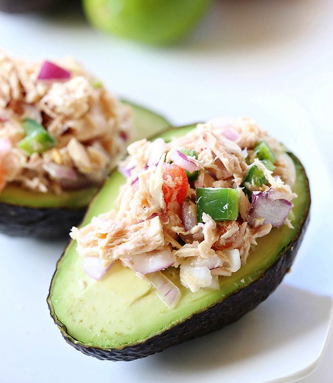 Tomato and jalapeno tuna stuffed avocado