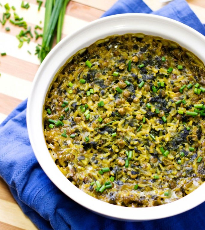 Curried Spinach Rice Lentil Bake
