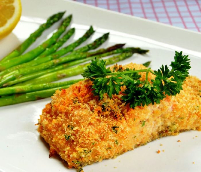 Honey mustard, panko bread crumbs, and salmon