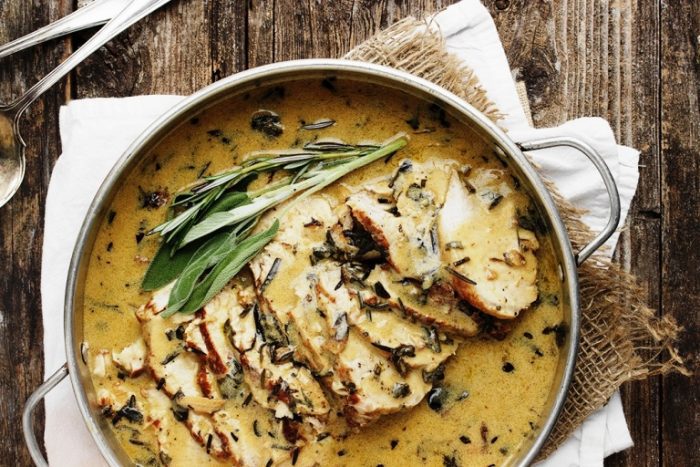 Pork loin with wine and herb gravy