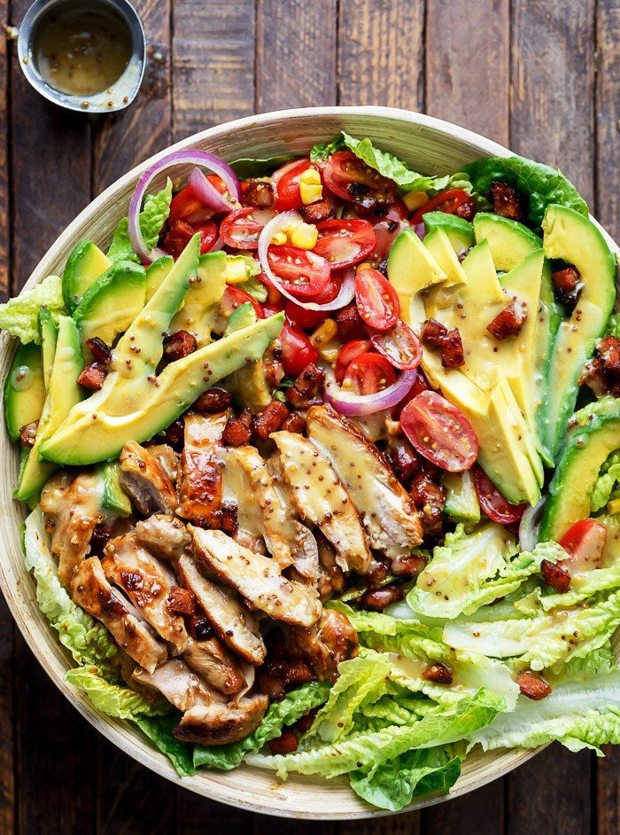 Honey mustard chicken, avocado and bacon salad