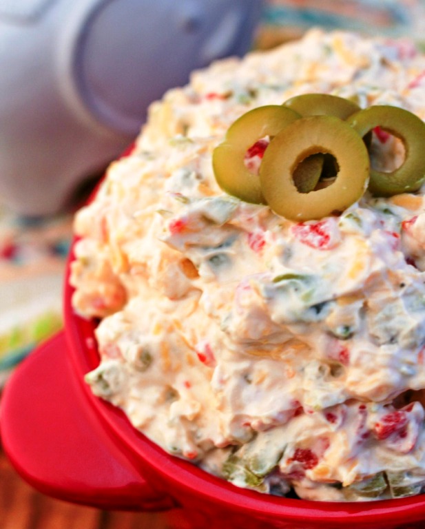 Red pepper cheddar green olive dip