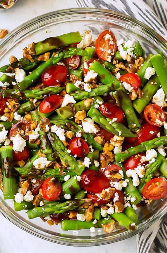 Asparagus tomato and feta salad with balsamic vinaigrette