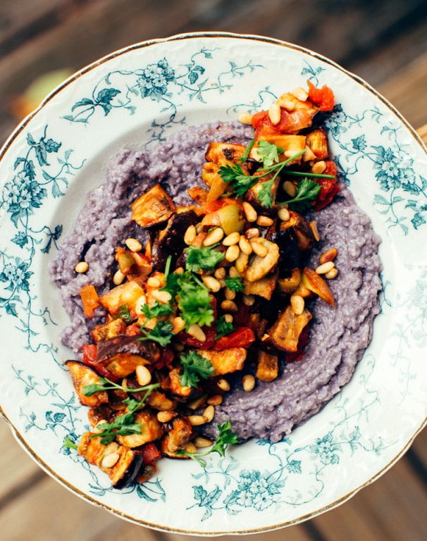 I just had blue cornmeal on hand so that’s what I used to cook up a creamy pot full of this (purple!) stuff. I thought it paired perfectly with this caponata – made with sweet and savory onions, roasted eggplant, olives and pine nuts.