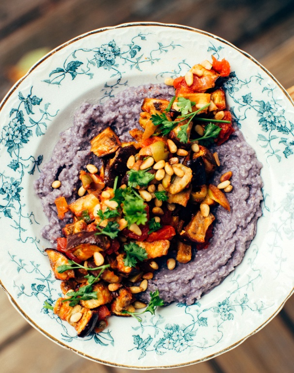  I just had blue cornmeal on hand so that’s what I used to cook up a creamy pot full of this (purple!) stuff. I thought it paired perfectly with this caponata – made with sweet and savory onions, roasted eggplant, olives and pine nuts.