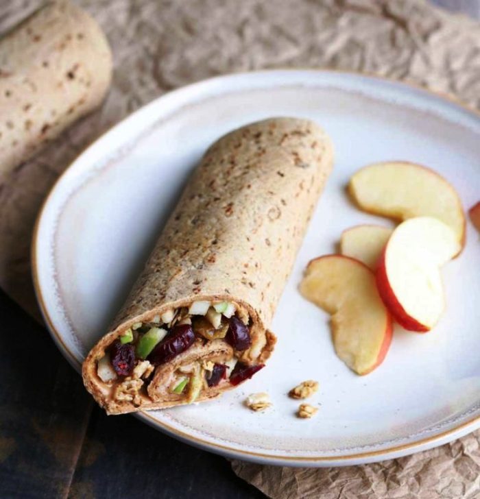 Granola crunch apple-peanut butter sandwich wraps