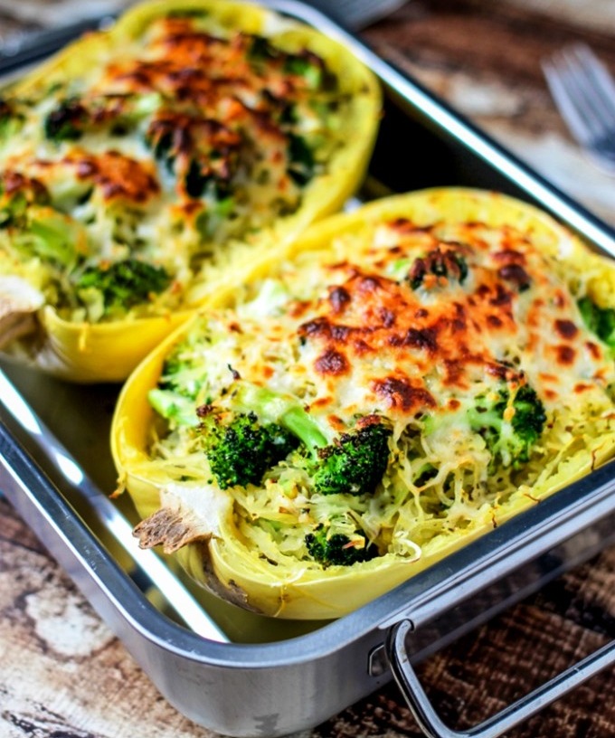 Broccoli and cheese stuffed spaghetti squash