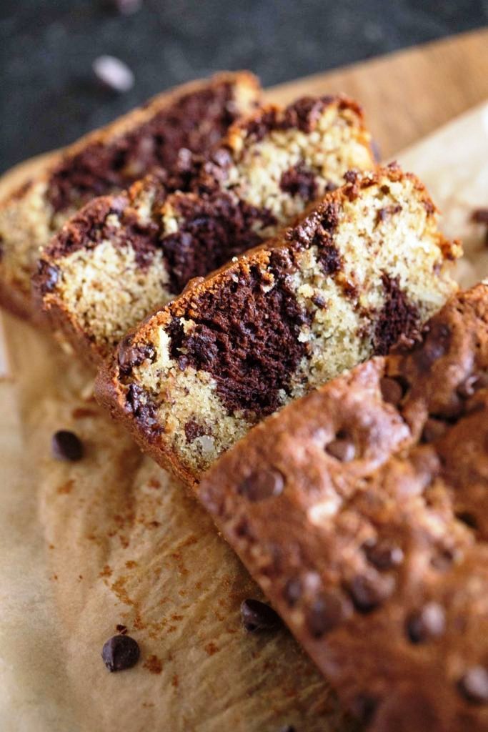 This recipe is fun to make because you take out one cup of the plain batter, and add melted chocolate chips and cocoa powder to make the chocolate marble.