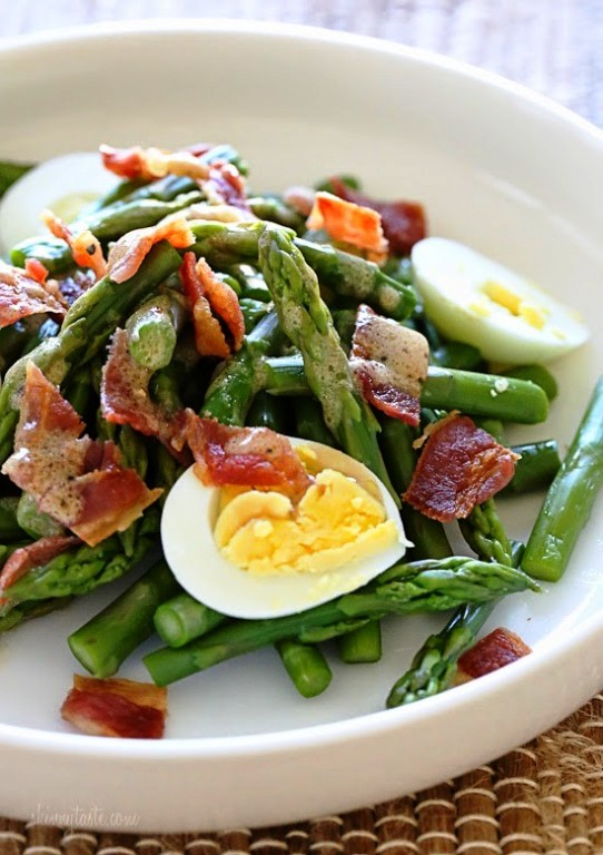 simple salad of asparagus, hard boiled egg and bacon tossed with a dijon vinaigrette 