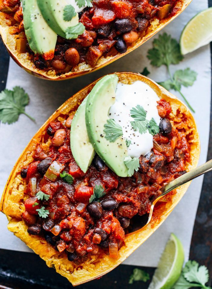 Chili stuffed spaghetti squash bowls