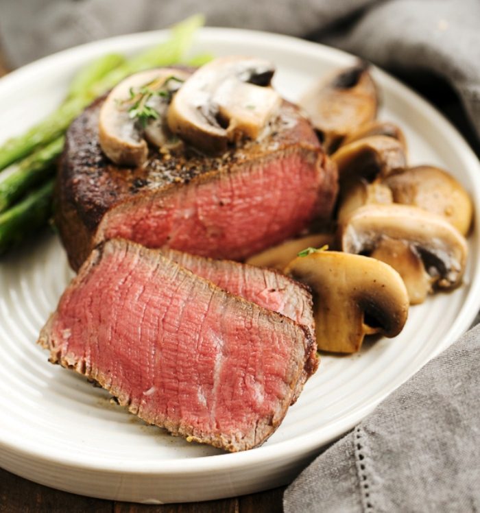  Mushroom topped pepper steak for two