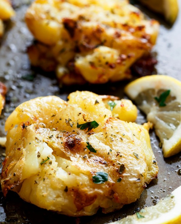 Golden greek lemon smashed potatoes