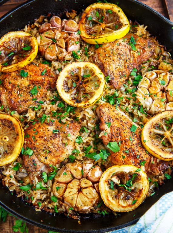 Flavourful one-pan greek style roast chicken with roasted head of garlic and lemon