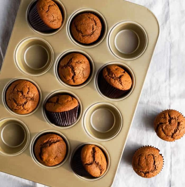 A simple, one bowl recipe for gingerbread muffins full of brown sugar, molasses, warming spices, and a hint of citrus. This easy recipe makes an even dozen of high-topped, super moist, and flavorful muffins that are perfect for cozy breakfasts! Dairy free + vegan option.