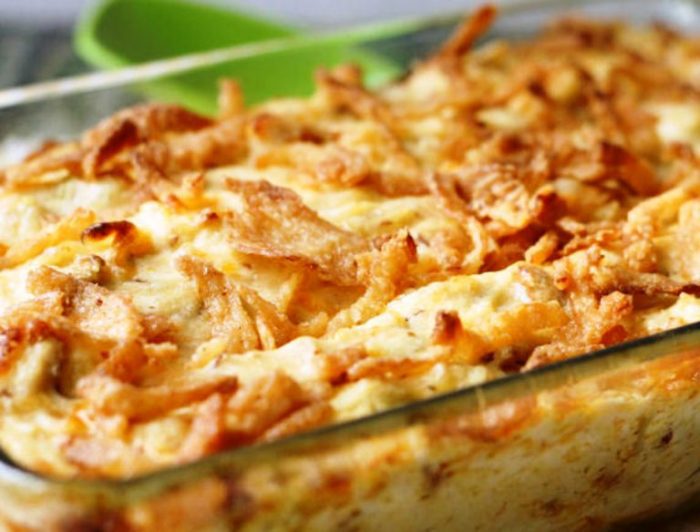 Just 10 minutes of prep time and you have a delicious creamy concoction of chicken, celery, and cheese topped with crispy fried onions.