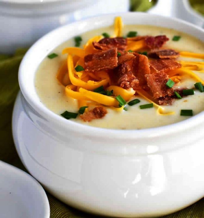 Loaded potato soup is thick, creamy, and gluten-free
