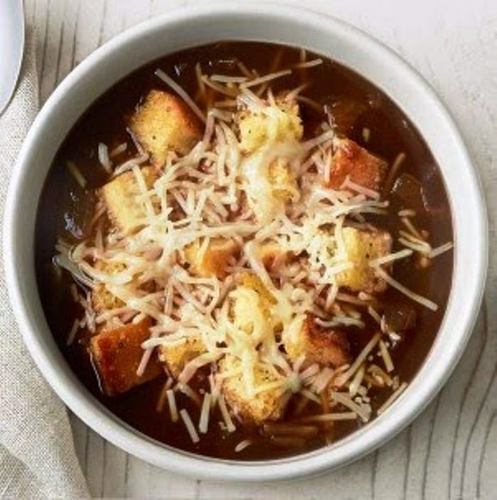 Bistro french onion soup recipe, Pour into individual bowls. Garnish with croutons and cheese. Serve immediately. If you would like melted cheese, broil the soup for a minute.