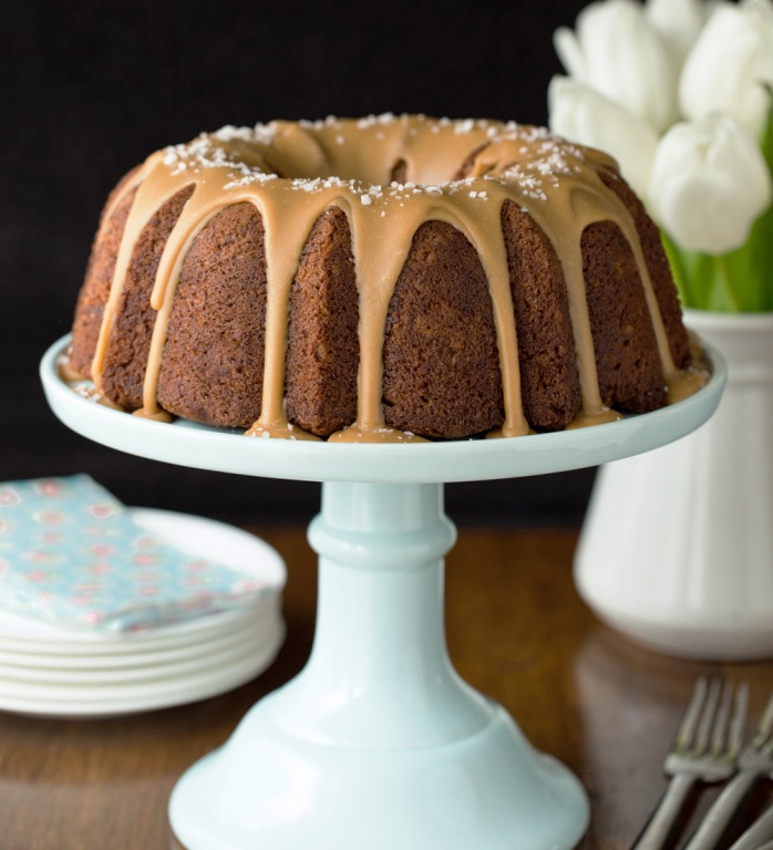 Banana pound cake with salted toffee icing