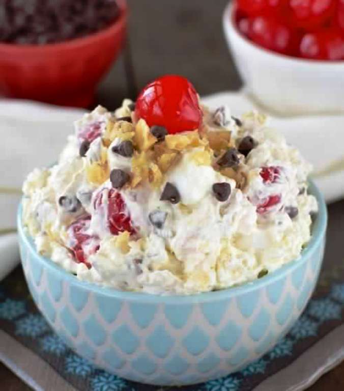 The best Banana Split Fluff Salad is an easy dessert salad that is loaded with all your favorite banana split toppings. Stir everything into one bowl, and it is ready to go.