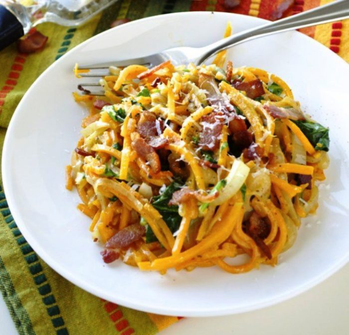 Creamy butternut squash noodles with bacon and spinach