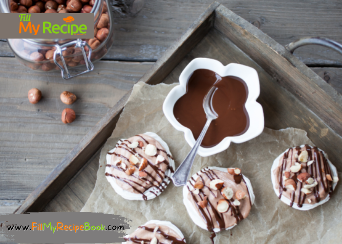 Mini Chocolate and Hazel Nut Pavlova. This is a creamy chocolate and hazelnut paste filled mini pavlova for dessert or tea time.