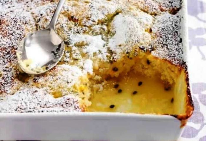 Coconut and passion fruit self saucing pudding