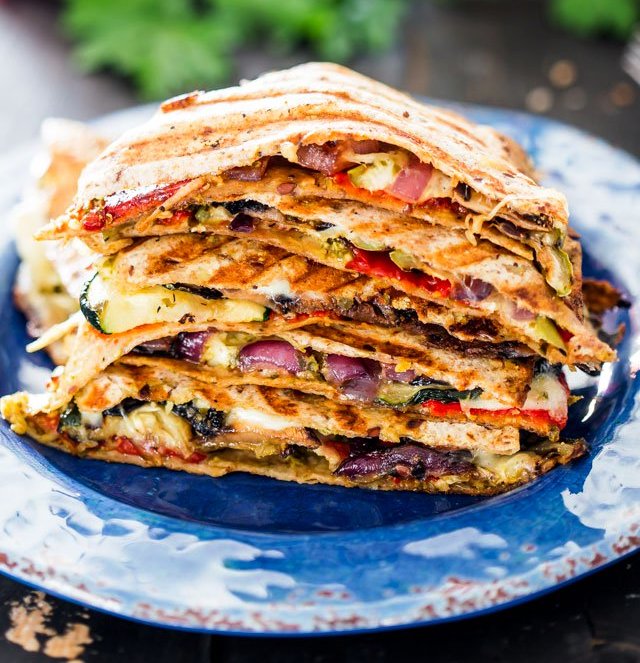 Grilled vegetable quesadillas with fresh mozzarella cheese and pesto