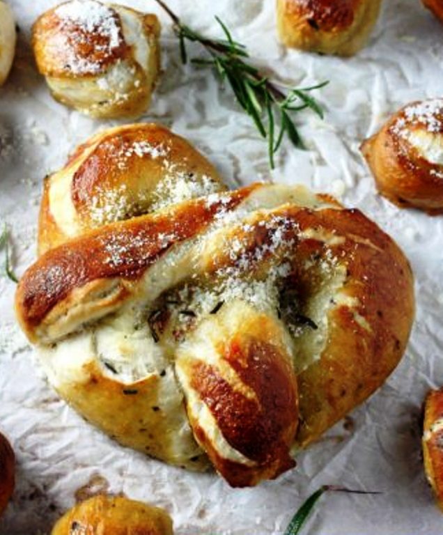 Mozzarella stuffed rosemary and parmesan soft pretzels