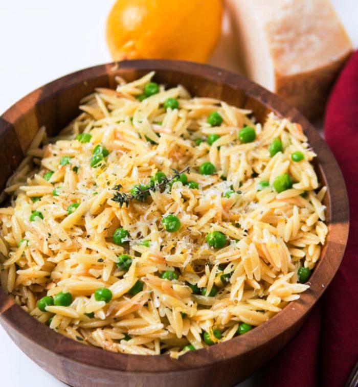 Quick and easy lemon orzo with parmesan and peas.