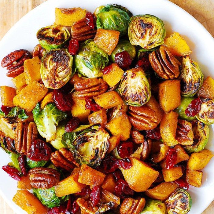 Roasted brussels sprouts, cinnamon butternut squash, pecans, and cranberries