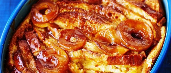 Toffee apple, bread and butter pudding