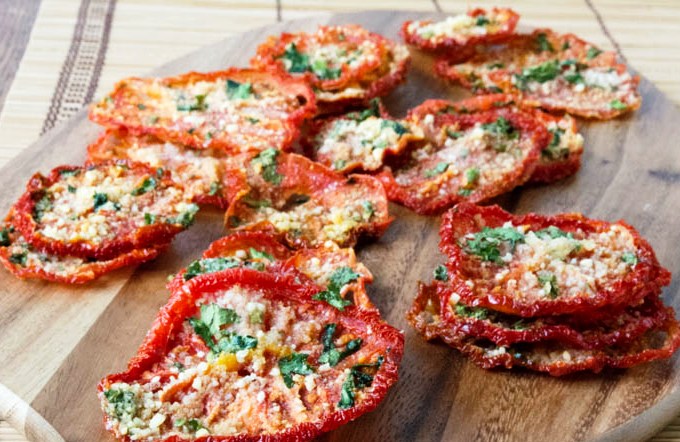 Crispy Parmesan Tomato Chips made in your oven or dehydrator.