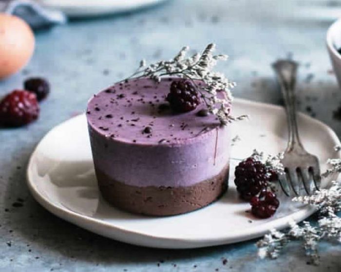 These Speckled Brownie Bottomed  Blackberry Mousse Cakes are Raw, Vegan, Paleo, and free of Dairy, Gluten, and Refined Sugars.