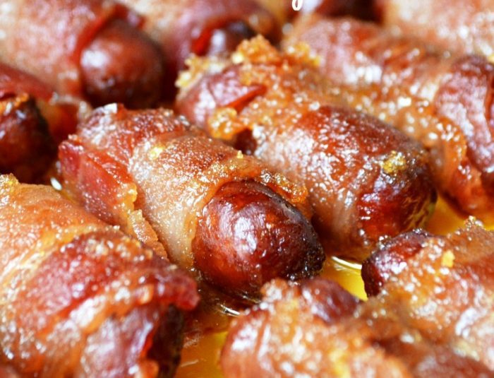 Brown sugar bacon-wrapped sausages
